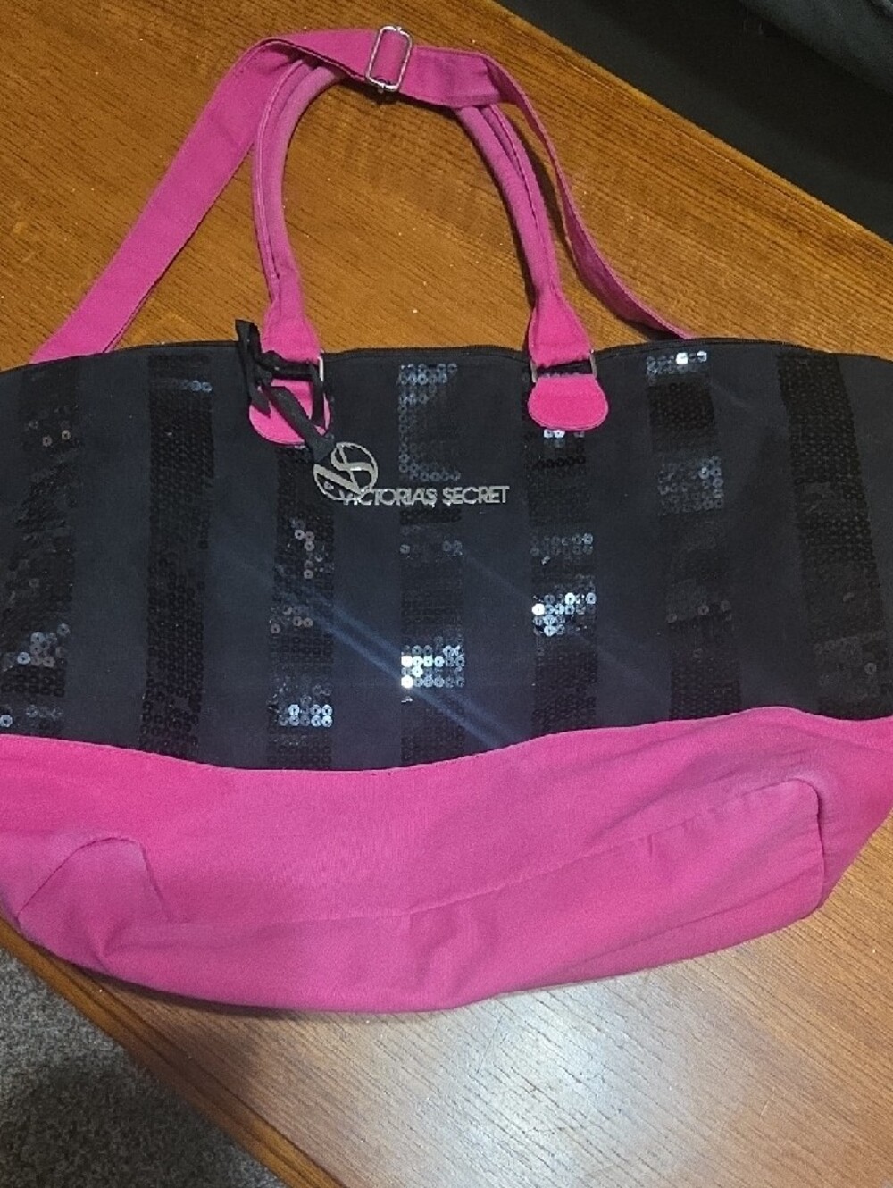 Victoria's Secret Black Sequin Tote with Hot Pink Accents - Picture 9 of 13